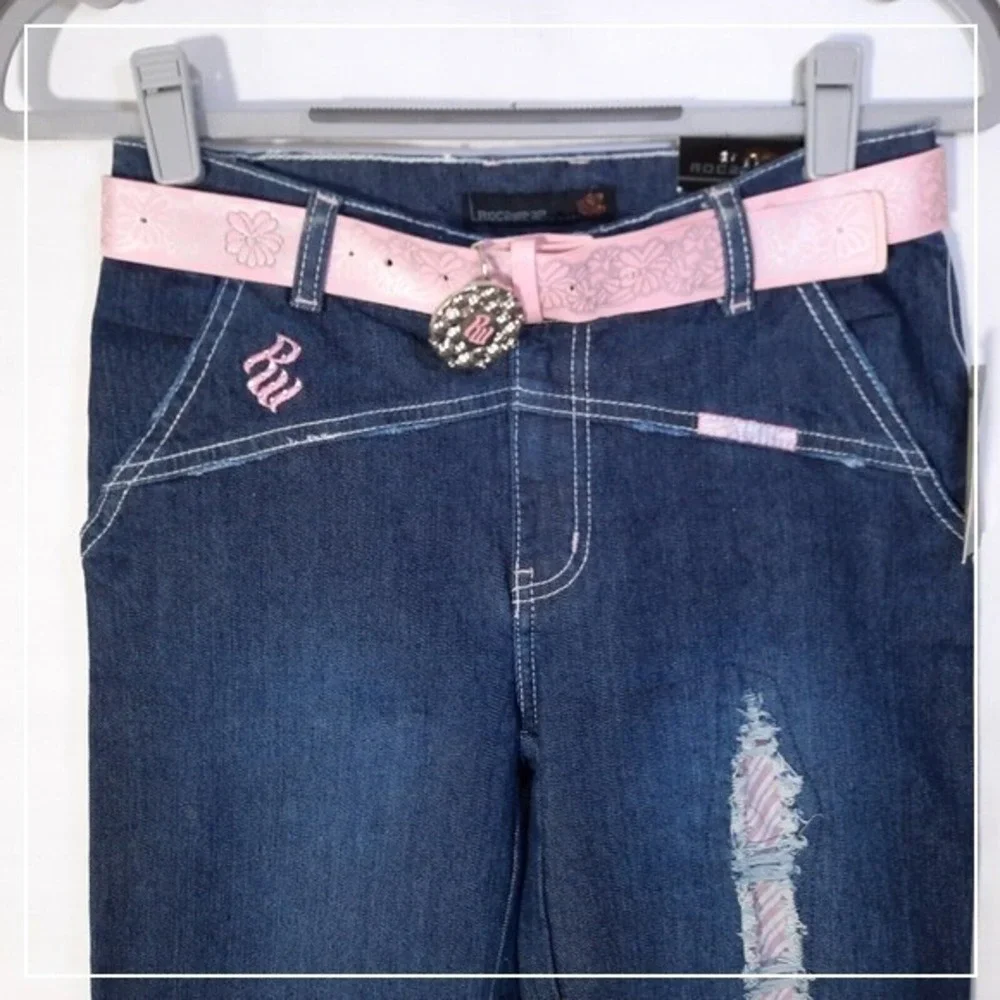 Y2K Rocawear Girl Jeans 4 Bootcut Belt Embroidery Rhinestone‎ Urban Distressed